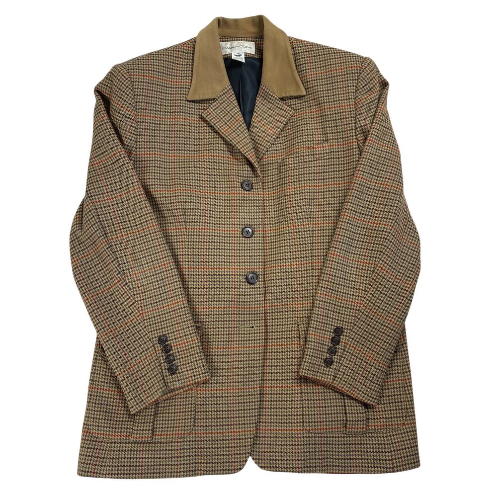 Evan-Picone Vintage Blazer Womens 16 Tan Houndstooth Faux Suede Collar USA Wool